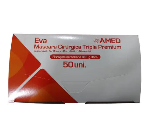 Máscara Cirúrgica Não Estéril Tripla Com Clip Nasal Elástico Cx 50 EVA PREMIUM Camadas Consolidadas - Amed